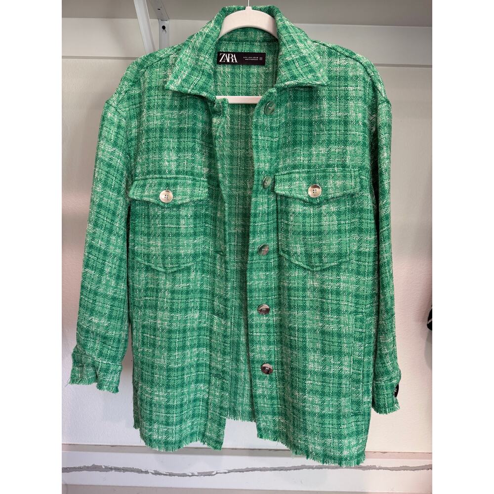 Zara Women’s Green Tweed Shacket Button Front Long Sleeve Jacket Small S